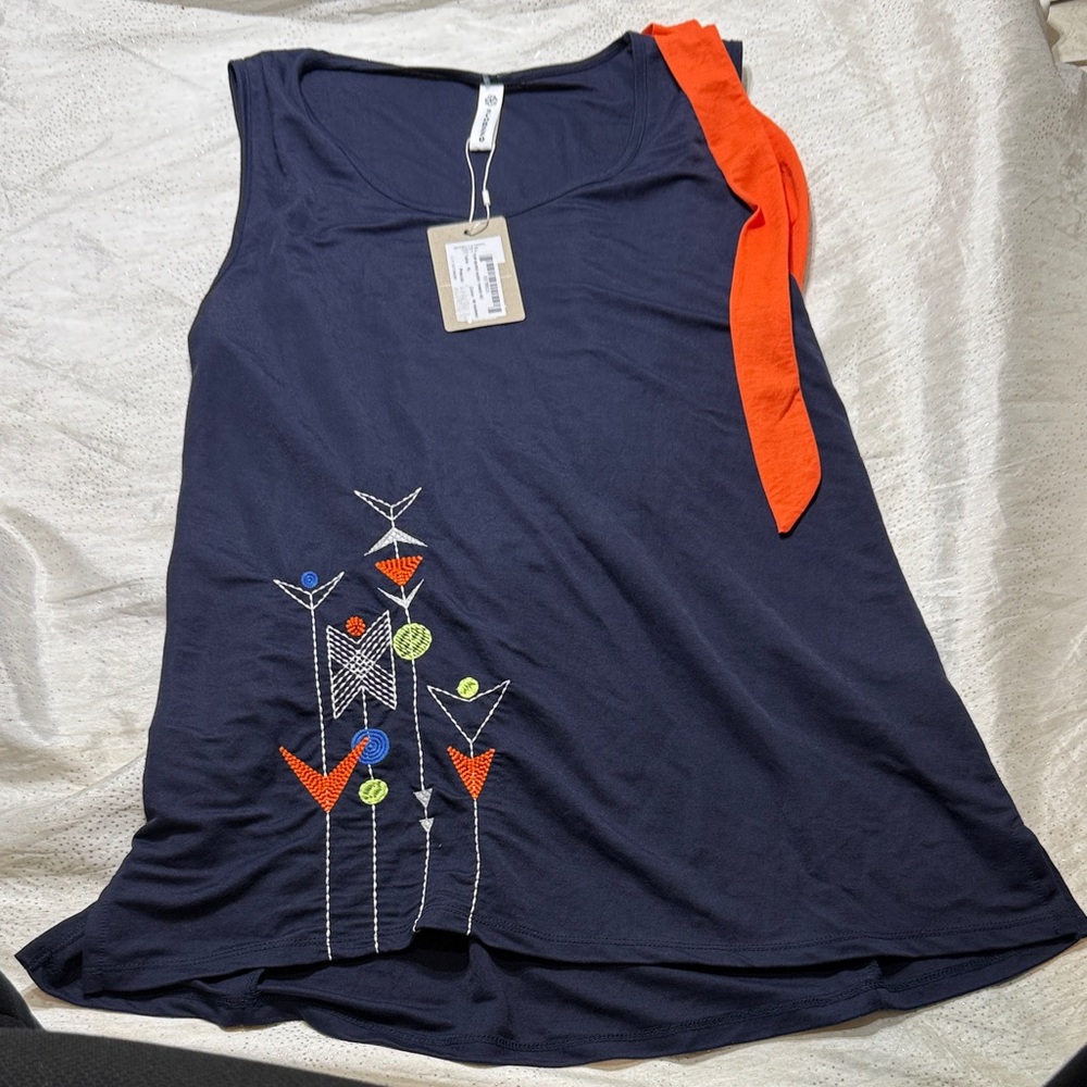 Scorzzo Navy and Orange Embroidered Women's Top sleeveless size XL